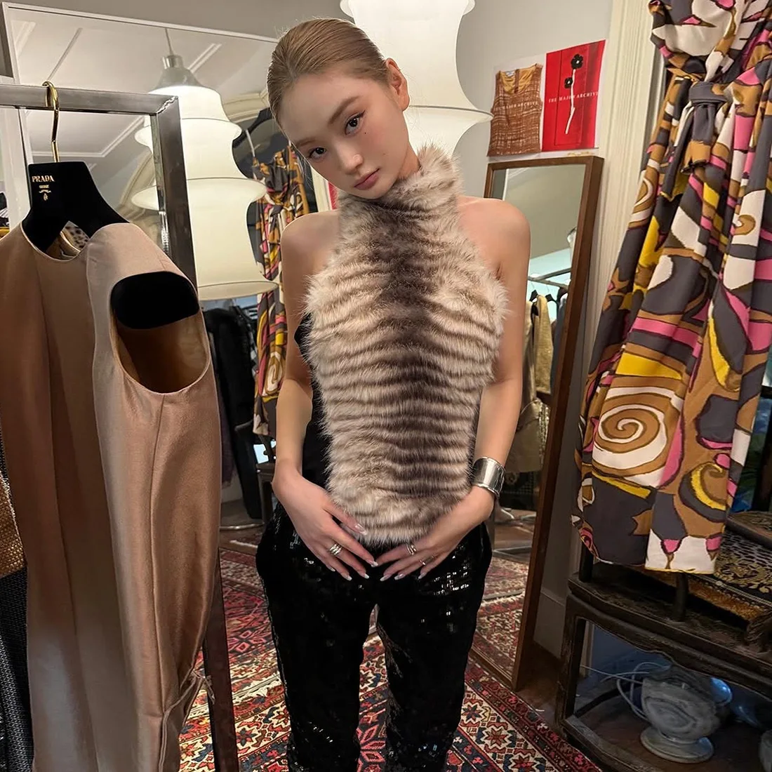 

Wild Print Plu Splice Design High Collar oulder Bared Hanging Ne Women's Vest Faionable ort Sle Outerwear