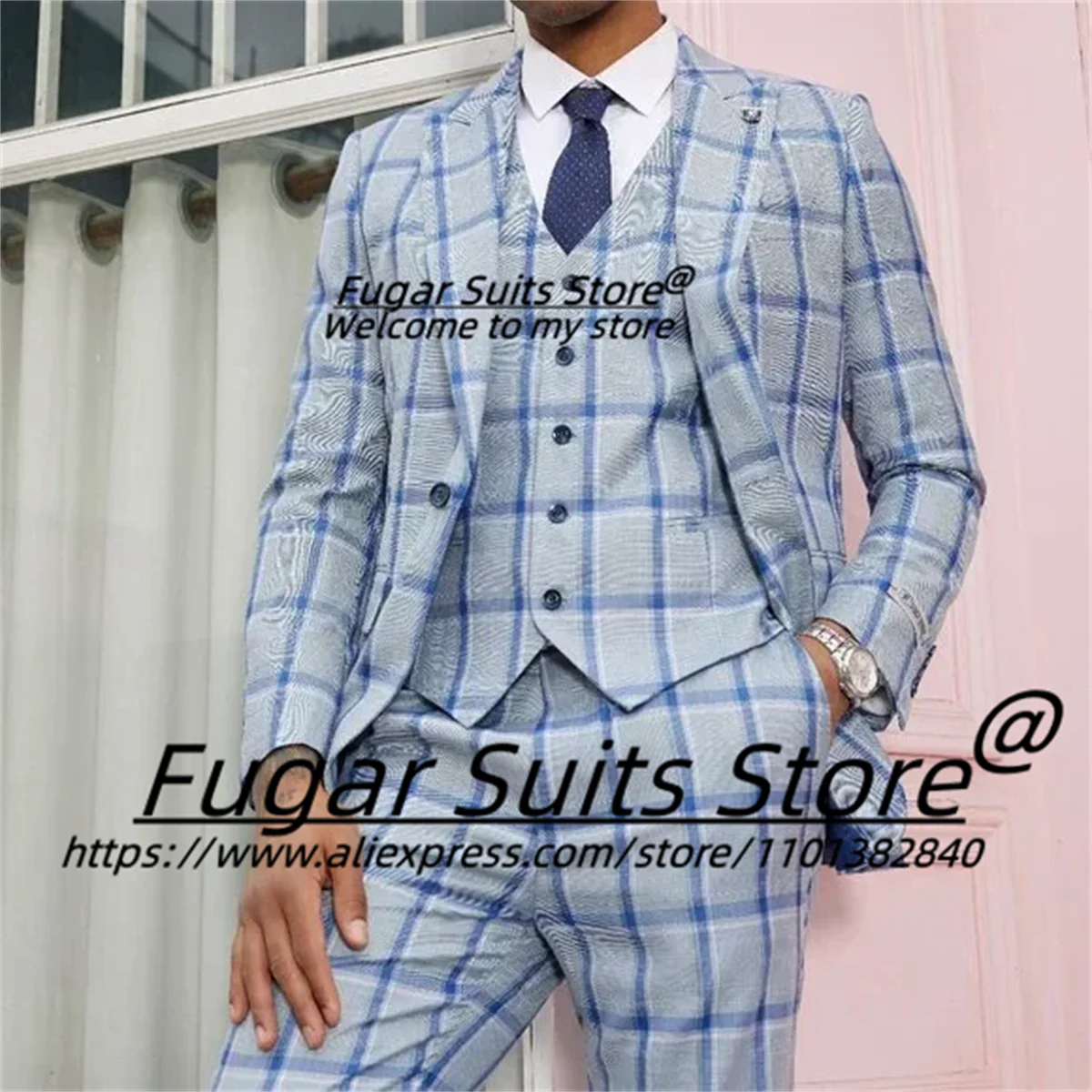 Fashion Sky Blue Plaid Casual Men Suits Slim Fit Peak Lapel Groom Wedding Tuxedos 3 Pieces Sets Classic Male Blazr Ropa Hombre