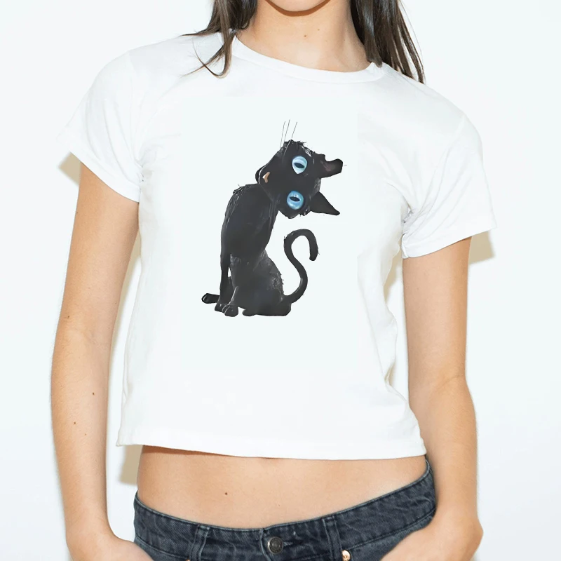 

Модная креативная футболка с принтом кота, женская уличная одежда Y2K, универсальная классическая футболка в стиле ретро, Harajuku, эстетика, готический укороченный топ