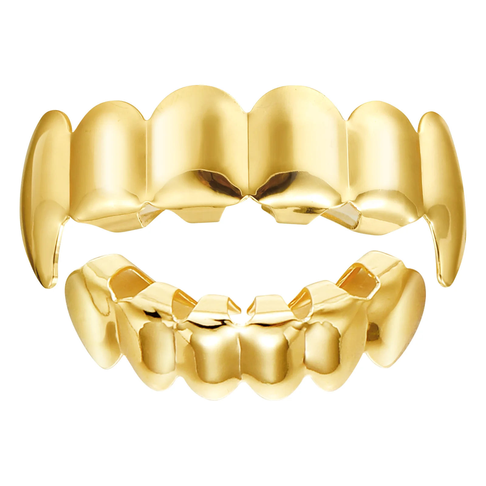 1 set di denti stile hip hop placcati in oro, denti lucidi superiori e inferiori, per feste a tema Halloween cosplay