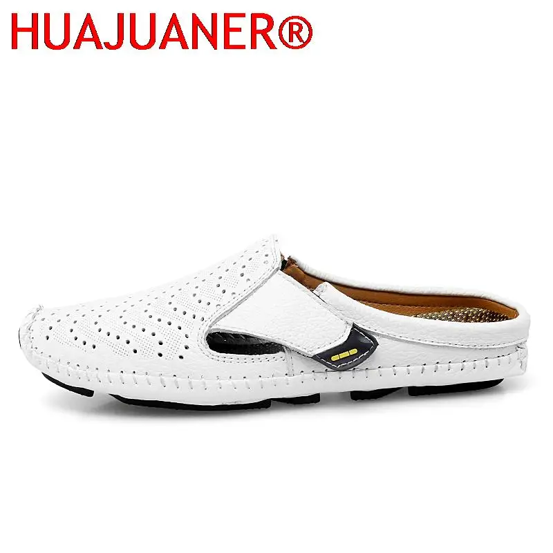 New Genuine Leather Men's Slippers Summer Breathable Casual Mules Light Half Shoes For Men Outdoor Anti-slip Driving Loafers Man