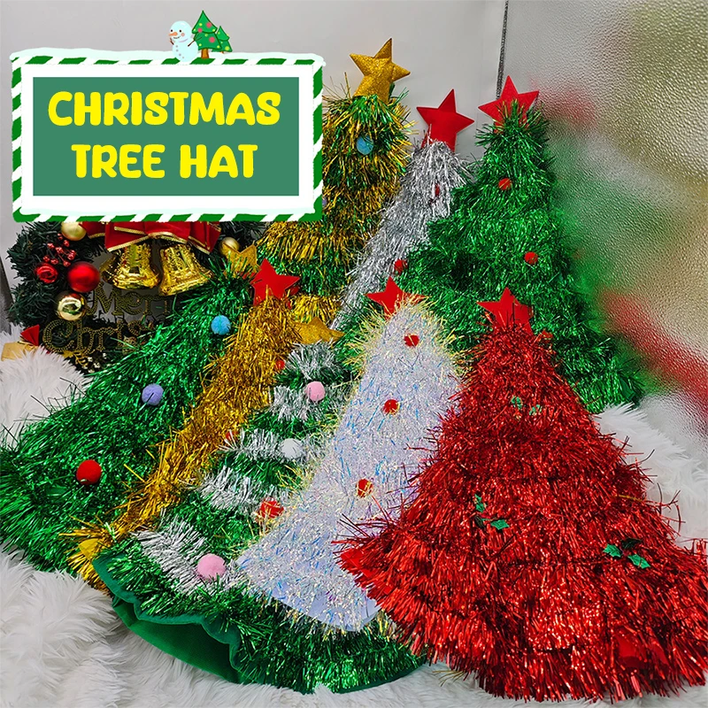 Christmas Tree Hats Funny Santa Hat Holiday Party Costume Creative Shiny Tinsel Christmas Hat Christmas Themed Party Decor Gift