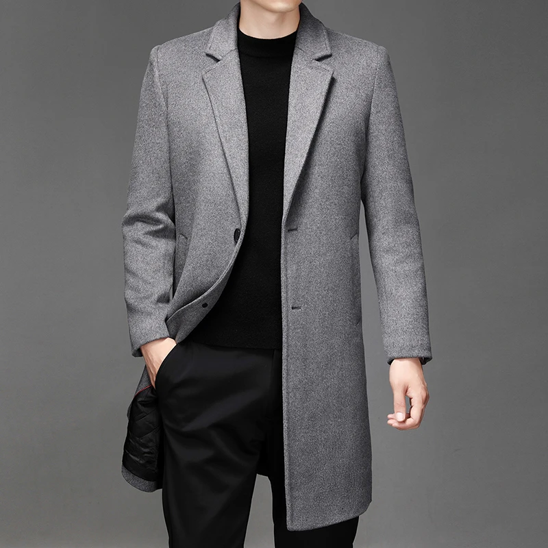 Jesienno-zimowe męskie wełniane płaszcze Średnio długi trencz Mężczyźni Solidne eleganckie codzienne mieszanki wełny Odzież wierzchnia Kołnierz wiatrówki Mężczyzna