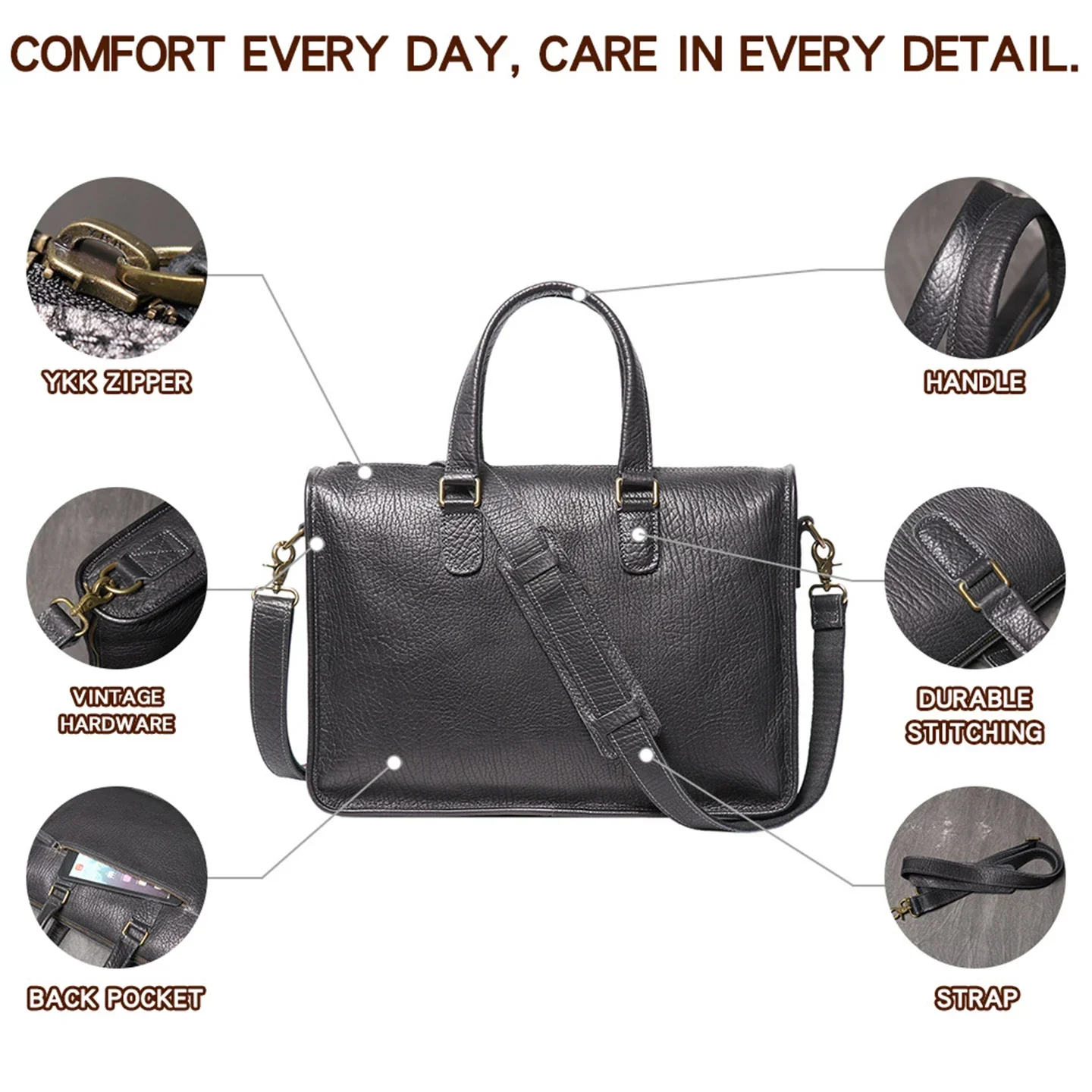 Men Top-Grain Cowhide Briefcase High-End Genuine Leather Business Commute Laptop Handbag Shoulder Crossbody Bag Notebook
