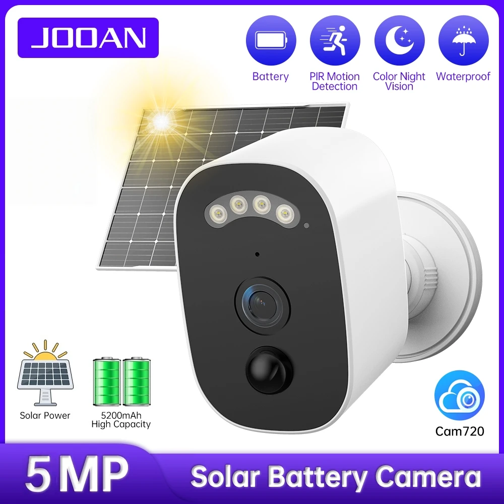 JOOAN 5MP Solar Security Camera Outdoor Wireless 2.4G WiFi Long Standby Battery Camera Human Detection Color Night Vision