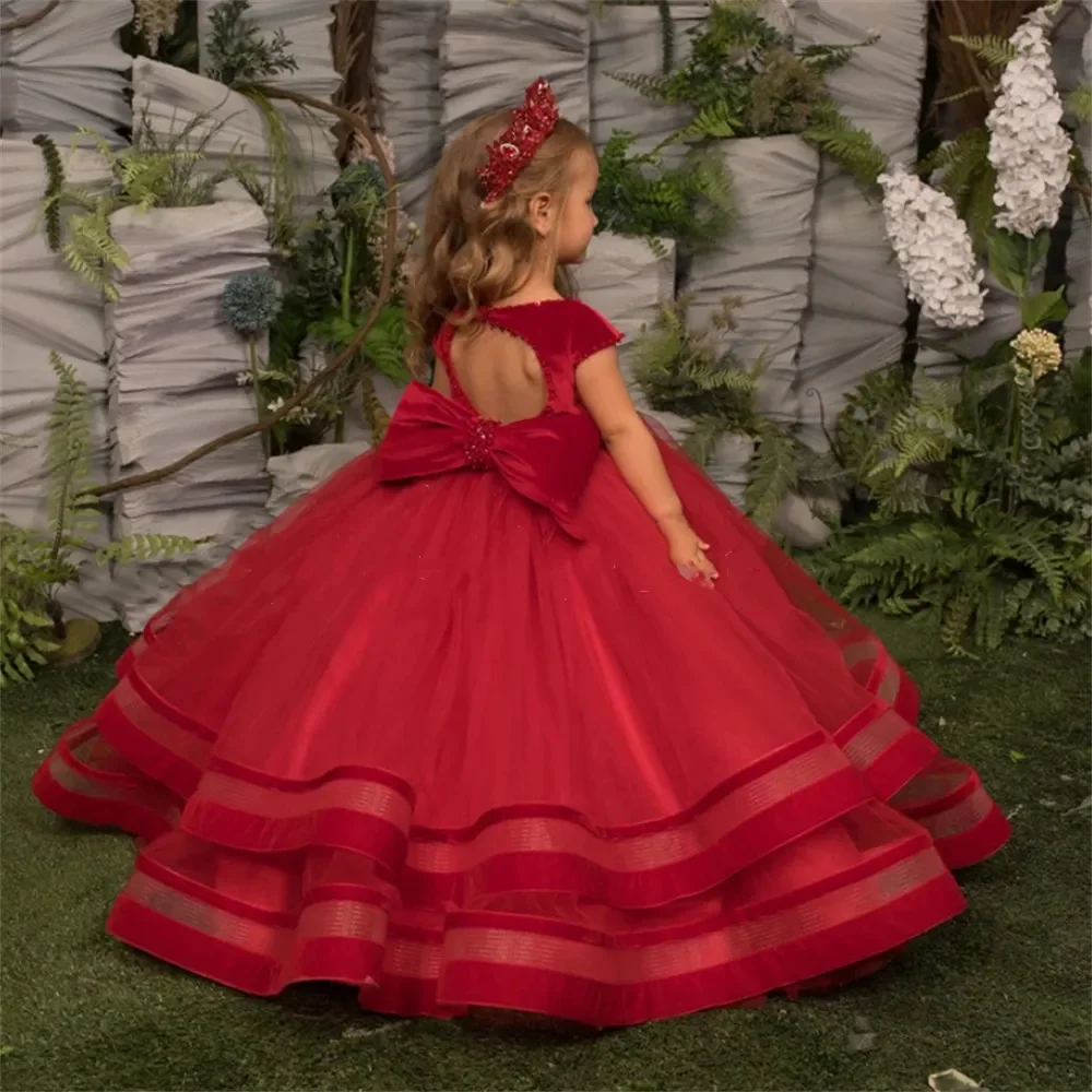 Vestidos de niña de flores rojas para boda, terciopelo, lazo grande, Perla hinchada, longitud hasta el suelo, Princesa, fiesta de cumpleaños, primera comunión, vestido de baile