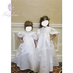 Customized White Bridesmaids Flower Girl Dress For Wedding Satin Puffy Pleated Little Baby Birthday First Communion Kids Gown