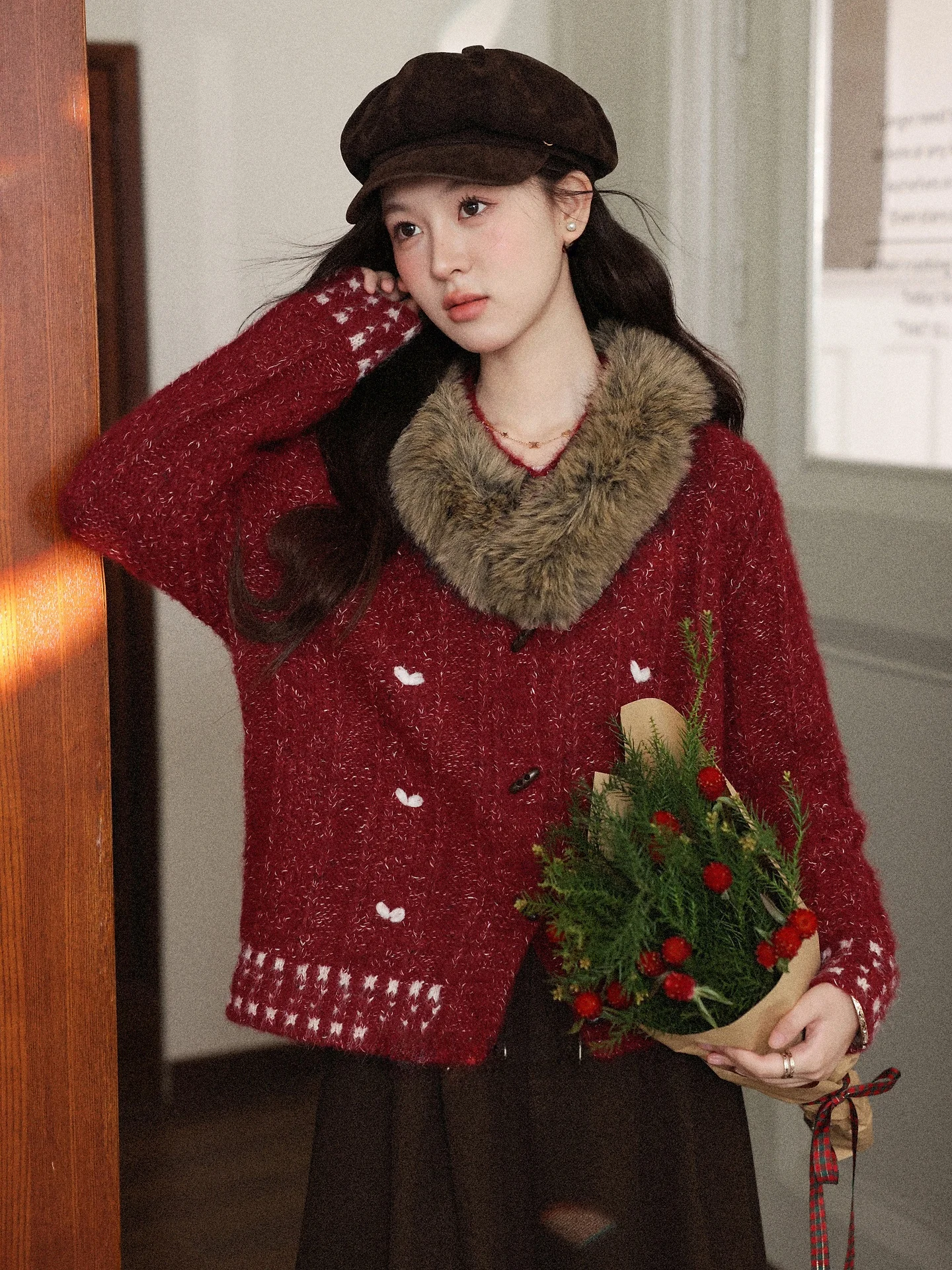 

Красный вязаный свитер женский зимний, уютный, в стиле Deer South Cisas Overture Aosphere, новогодний, вязаное пальто для женщин на зиму