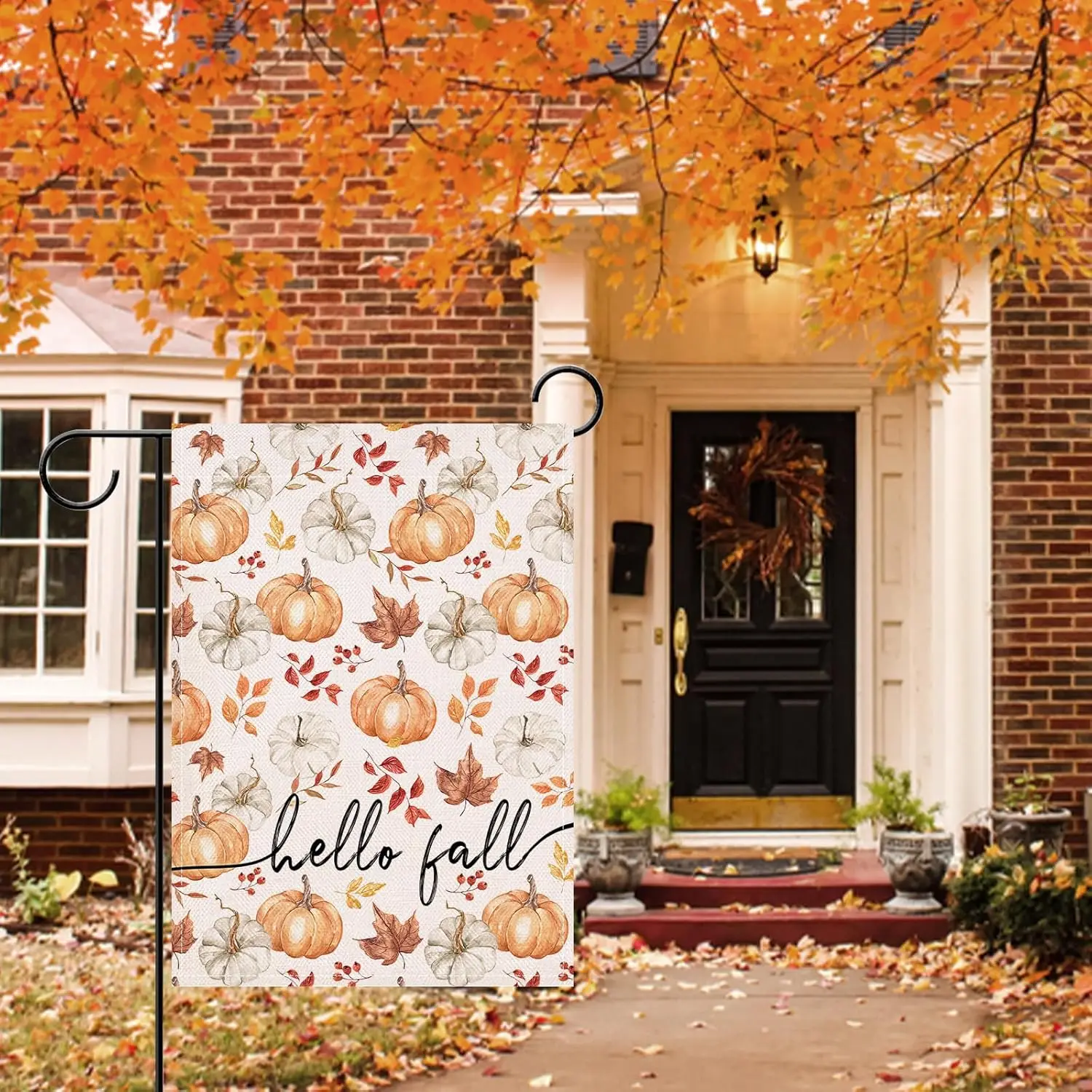 Artofy Hello Fall White Pumpkin Small Decorative Garden Flag, Autumn Maple Leaves Red Berries Yard Lawn Outside Decor, Seaso UUN