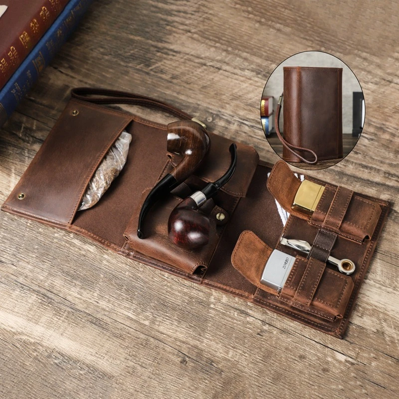 

Retro Crazy Horse Cowhide Three-fold with Wrist Strap, Cigarette Set Storage Bag, European and American Trend Portable Pipe Bag