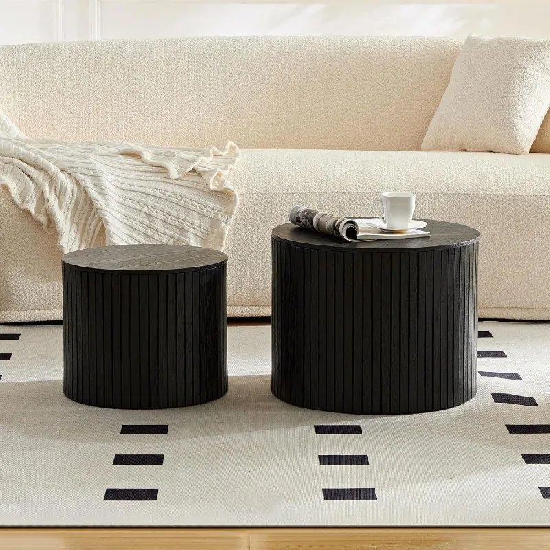 19Inch Nesting Coffee Table Set of 2,Modern Round Wooden Coffee Tables,Plenty of Storage Space