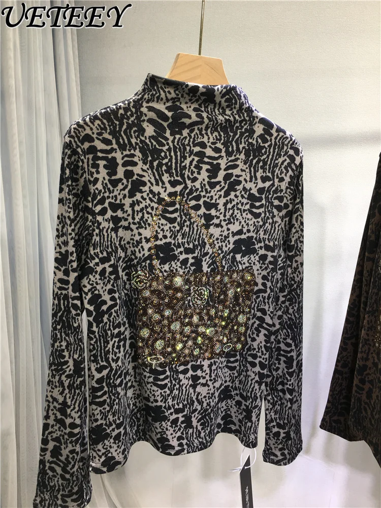 Outono inverno nova camisa de base de strass resistente para mulher meia gola alta leopardo impressão apertada manga longa camiseta