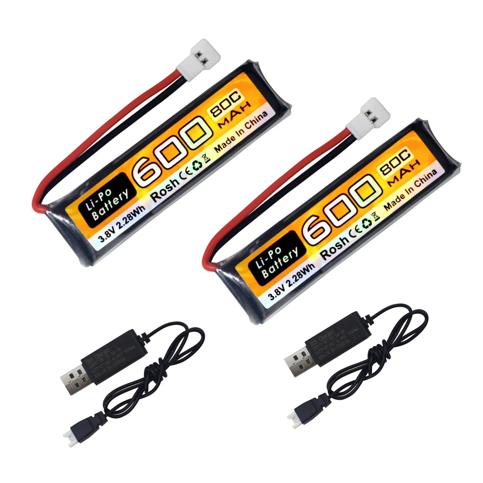 Batería de litio de 2 piezas 1S, 3,8 V, 80C, 600mAh con conector de enchufe de aire a aire de 51005-2P + USB para Avión RC y Micro FPV, coches de carreras