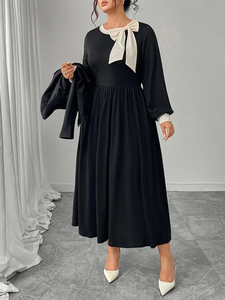 GIBSIE Plus Größe Neue 2025, Herbst Kontrast Bogen Retro Schwarz Langes Kleid Frauen Elegante Oansatz Langarm Elastische A-linie Kleider