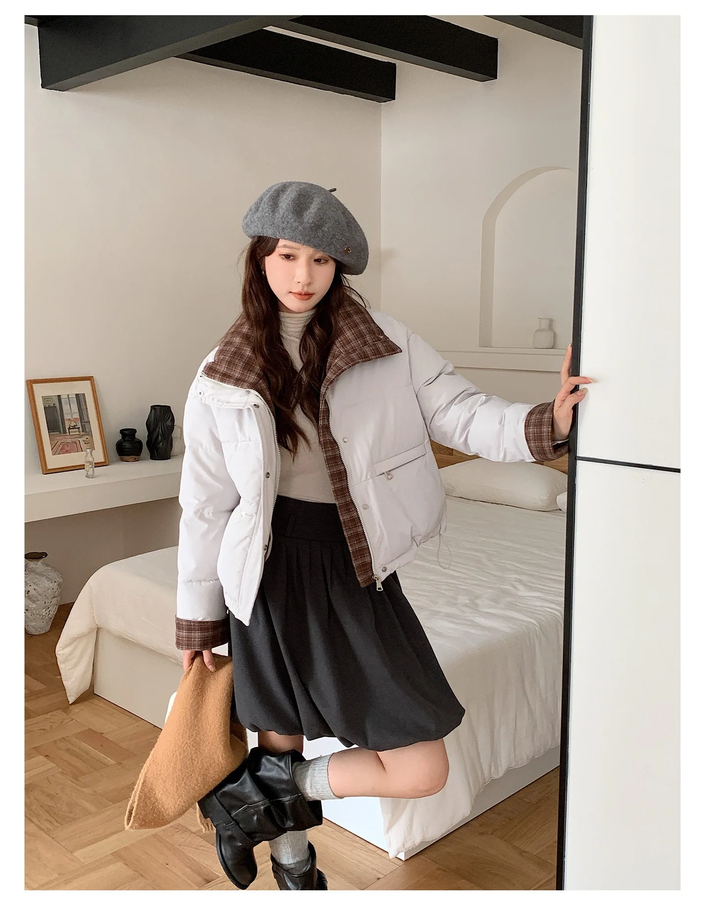 American Plaid Patchwork Puffer Jacket Women Winter Thick Stand Collar Short Parkas Woman Korean Casual Preppy Style Outerwear