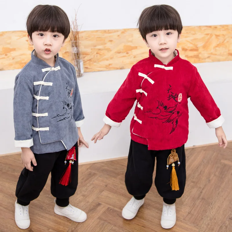 

Boys Winter Cotton Embroidery Tang Suit Kids Chinese Lovely New Year Outfits Children Two Piece Set Cotton-padded Clothes