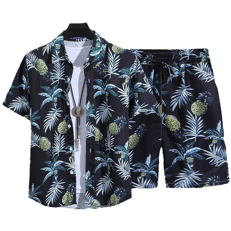 Classic Comfortable safflower graffiti pineapple 3D Print shirt +Shorts Two Piece Set Short Sleeve Flip collar shirts half pants