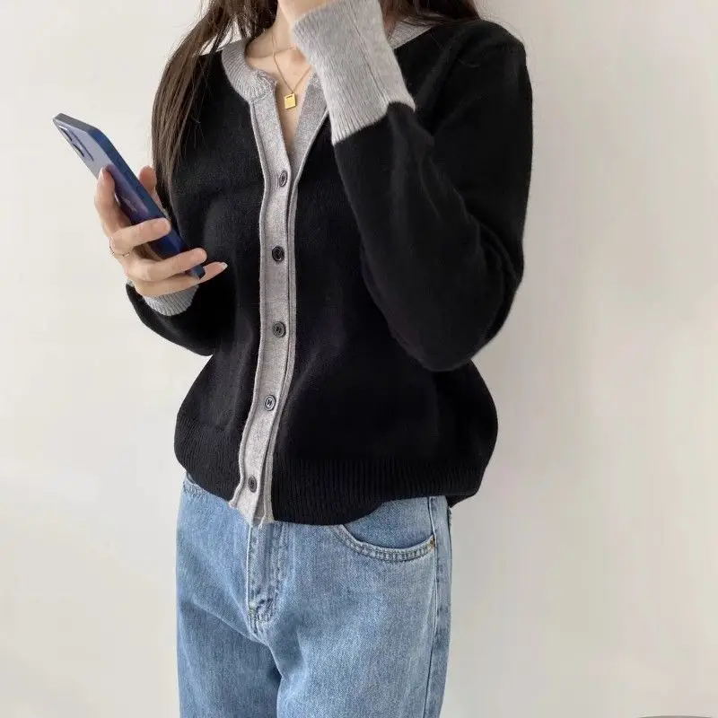 Nouveau Cardigan en tricot bloc de couleur pour femmes, manteau pull élégant et polyvalent