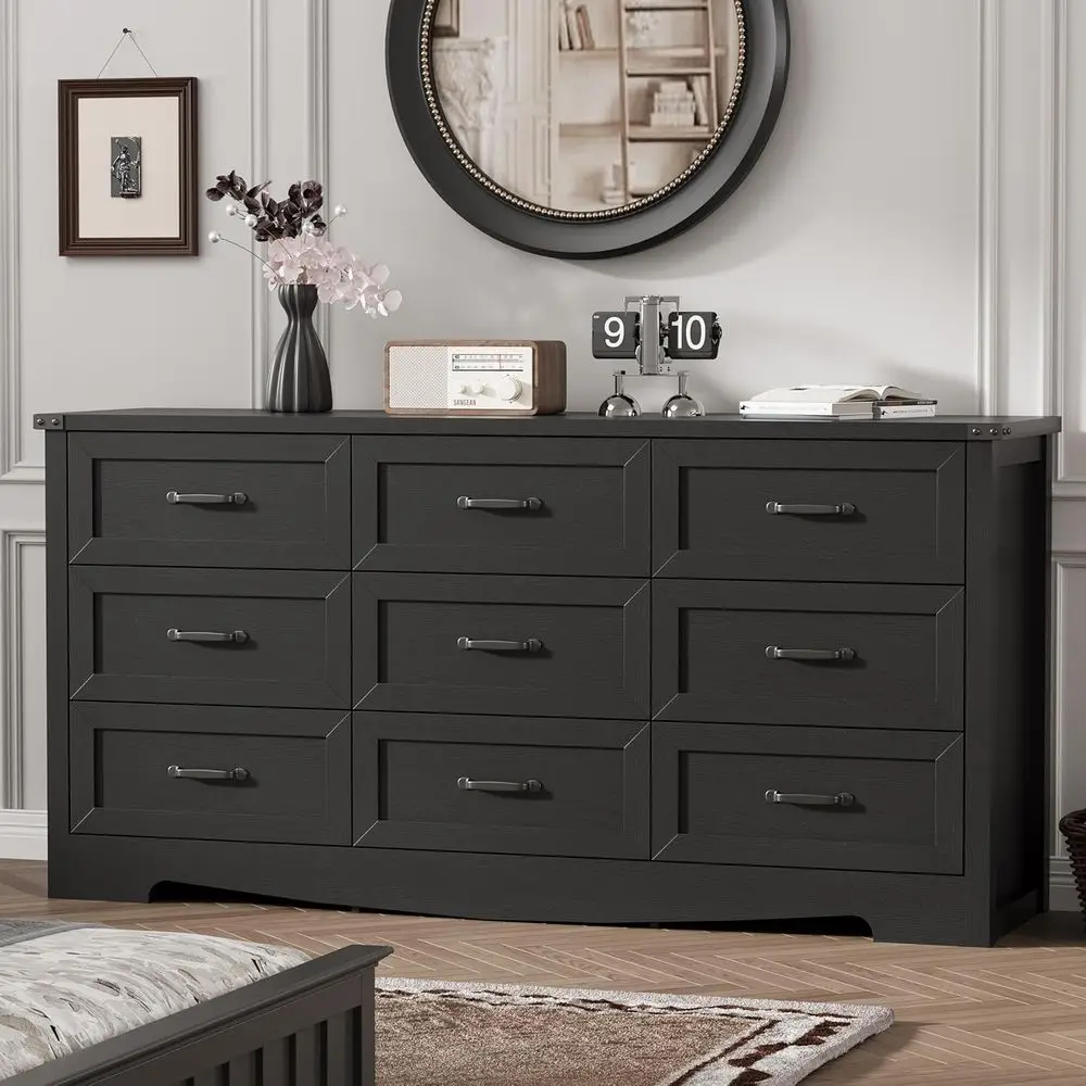 

9 Drawer Bedroom Set with Wide Wood Chest, Deep Drawers, Metal Handles, TV Stand, Wooden Storage Organizer for Living Room, Hall