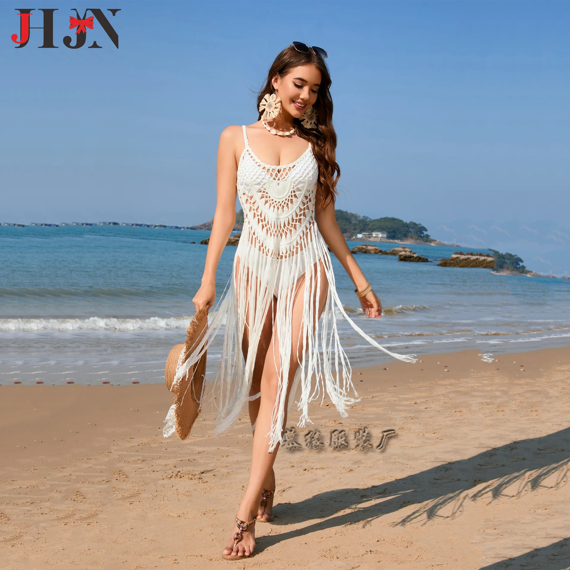 JHJN  Vacation Style Camisole Sexy Beach Hoodie Solid Color Pure Handmade Hand Hook Women's Sweater Luxury Brand