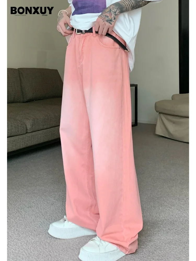 

BONXUY Pink American Retro Washed Distressed Loose Jeans Men's Straight Wide Leg Long Pants Niche Floor-Mopping Pants Trendy