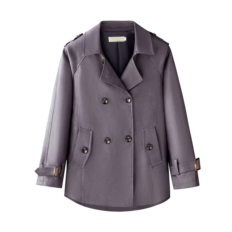 2025 Otoño/Invierno nueva mamá abrigo de doble botonadura mujer suelta corta versátil cuello Premium PU cuero abrigo traje chaqueta con cuello