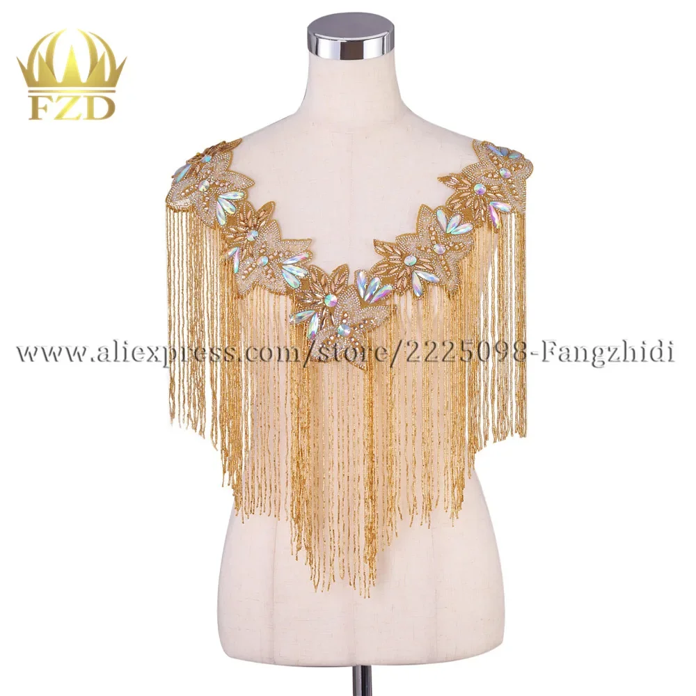 

FZD 1 Piece Tassel Gold Bead clothing Beads Fringe Rhinestone Applique Patches with Gauze for Wedding Dress stickers for clothes