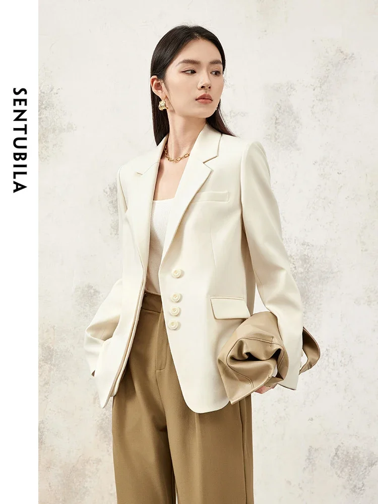 

SENTUBILA Apricot Notched Blazer Women Elegant Jacket 2025 Spring Autumn Ladies Comfort Long Sleeve Tailoring Coat 141X53421