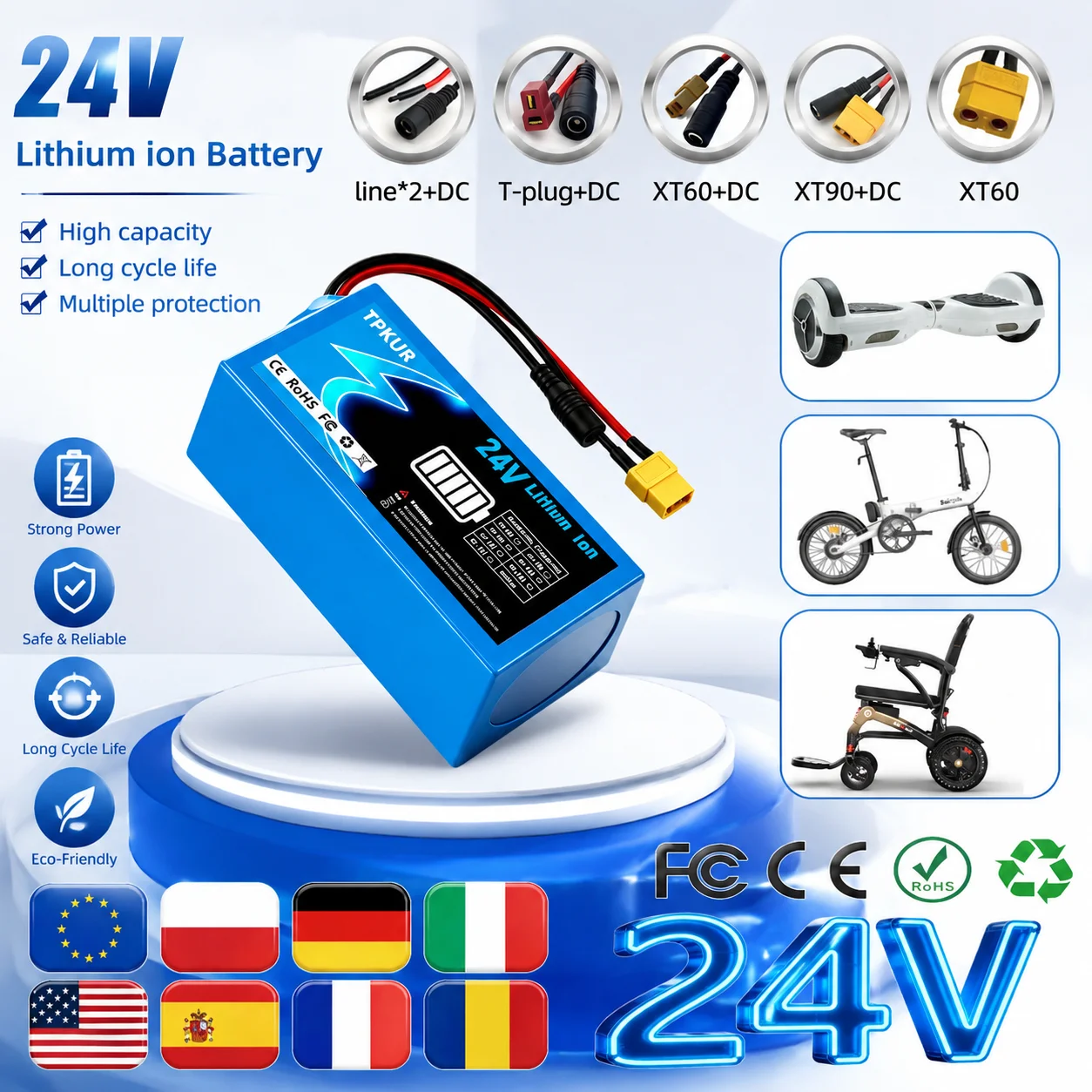 24V 6AH 12AH 7S 2P 4P 18650 lithium-ion battery pack, suitable for commuting tools and appliances with built-in BMS
