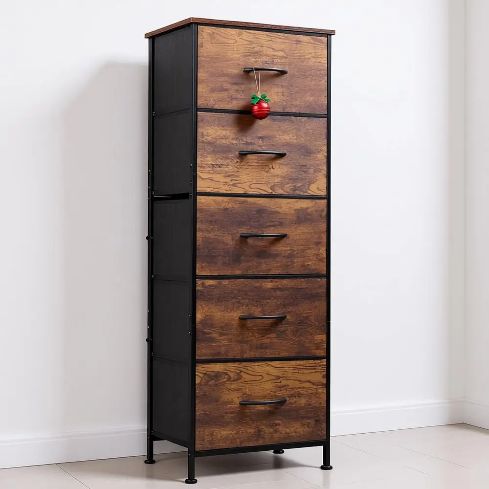 

Bedroom 5-Drawer Tall Dresser, Storage Organizer with Fabric Bins, Wood Top, Sturdy Steel Frame, Chest of Drawers or Closet, Hal
