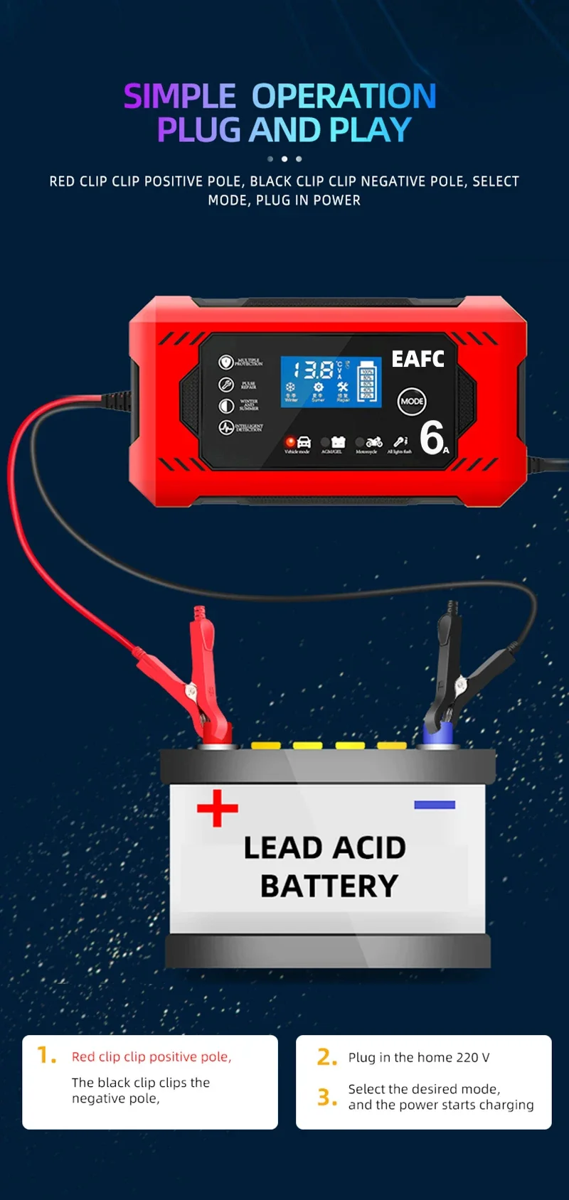 Intelligentes 12V Batterieladegerät für Autos & Motorräder 6A/10A Ausgang LCD-Bildschirm Reparaturmodus Überladeschutz-Design Ladestation – Detail 9