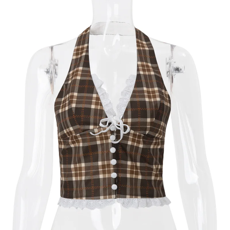 Estilo francês retro xadrez magro estilingue camisa 2025 verão novo laço sem costas sem mangas com decote em v colete sexy roupas femininas y2k