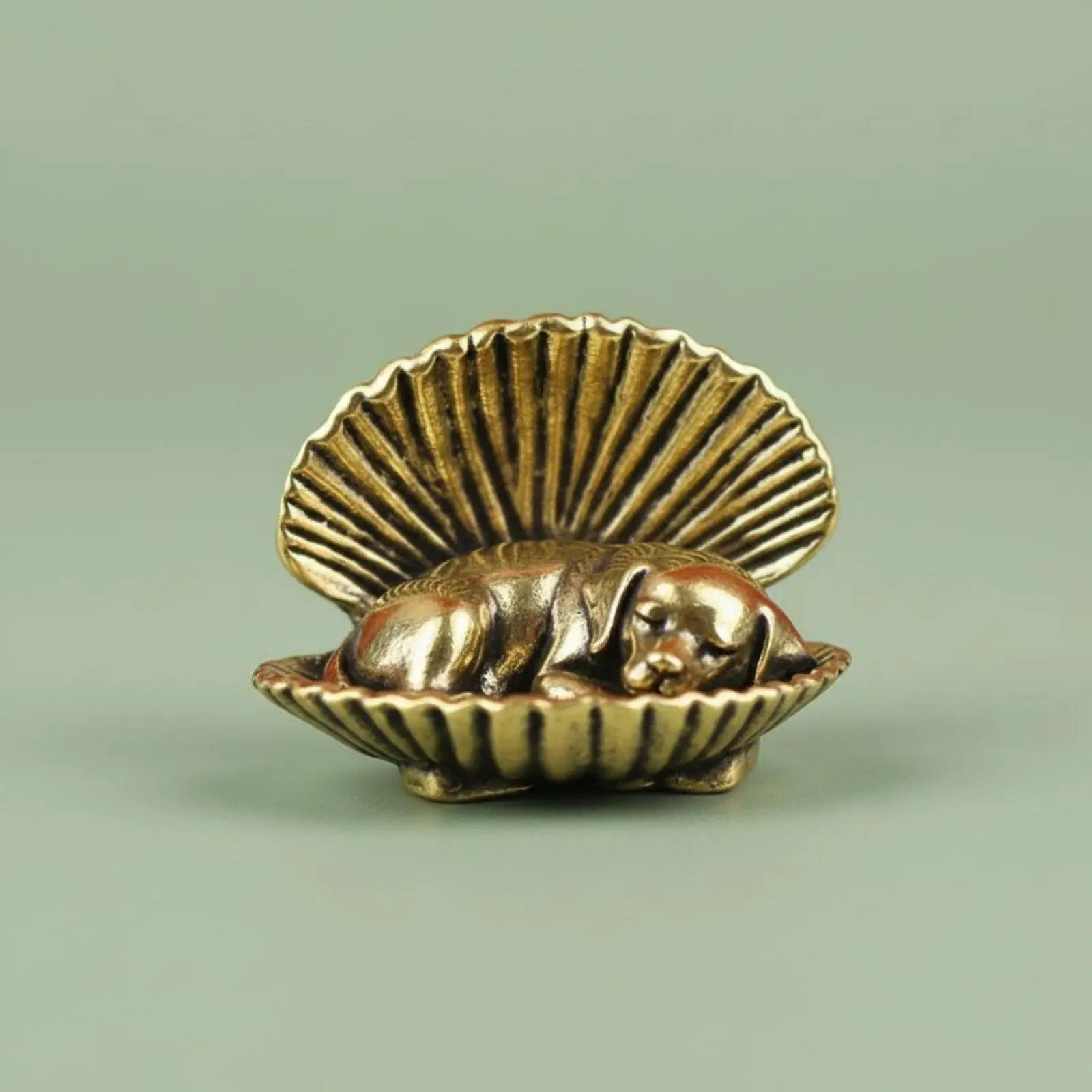 Vintage Brass Dog in Clam Shell Figurine Cute Sleeping Puppy Statue for Shelf Table Decoration Animal Collectible Art Piece
