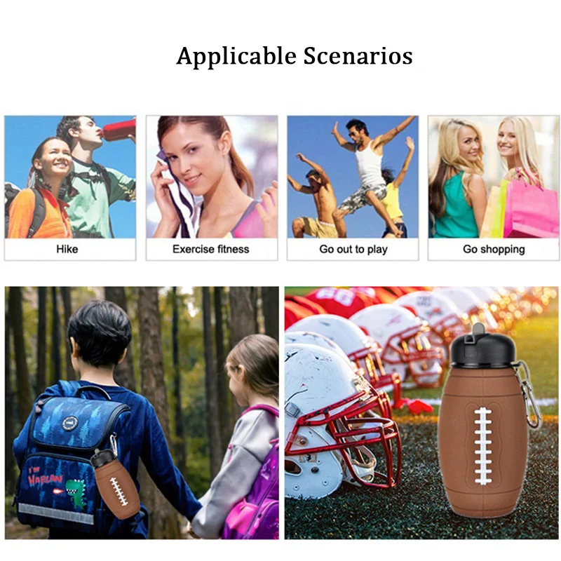 Silicone Folding Water Bottle,Outdoor Sports Water Bottle,Portable Kids Water Bottle,Drop-proof,Rugby Shaped