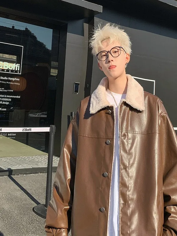 

Men's Winter Thiened Fce Lined PU Leather Cotton Jaet Warm Outerwear Coat High Street Sle Youthful Casual Faion