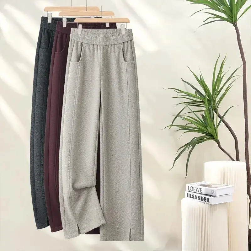 

Осень-зима, женские брюки с высокой талией и разрезом, новые повседневные элегантные теплые шерстяные брюки с высокой талией, женские повседневные женские брюки