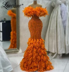 Orange Arabic Evening Dress Feather Mermaid Beads Crystal Party Gown Robe Soirée 2023 Off Shoulder Long Haute Couture Prom Dress