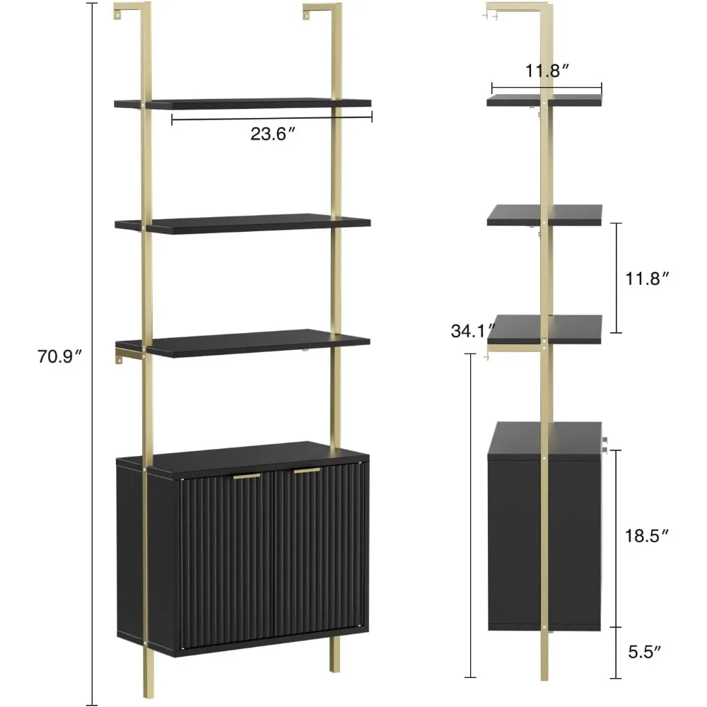 Set of 2 Ladder Shelf with Storage Cabinet, Modern Ladder Bookshelf with Doors, Wall Mount Bookcase with Metal Frame