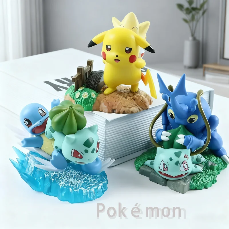 8-10cm 3 szt. Figurki Anime Pokemon Pikachu Squirtle Bulbasaur Dekoracja Biurka Model Ozdoba Samochodowa Prezent Kolekcjonerski