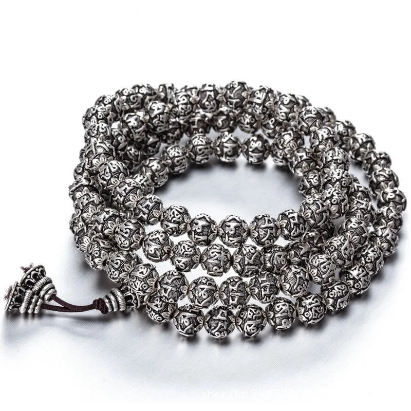 Six-Word Mantra 108 Buddhist Prayer Beads Men And Women Imitation Thai Silver Bracelet Necklace 6