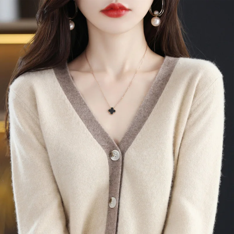 Matching Color Cashmere Cardigan women's Short V-neck Loose Fashion Coat 2023 Autumn New Pure Wool Knitted Outside