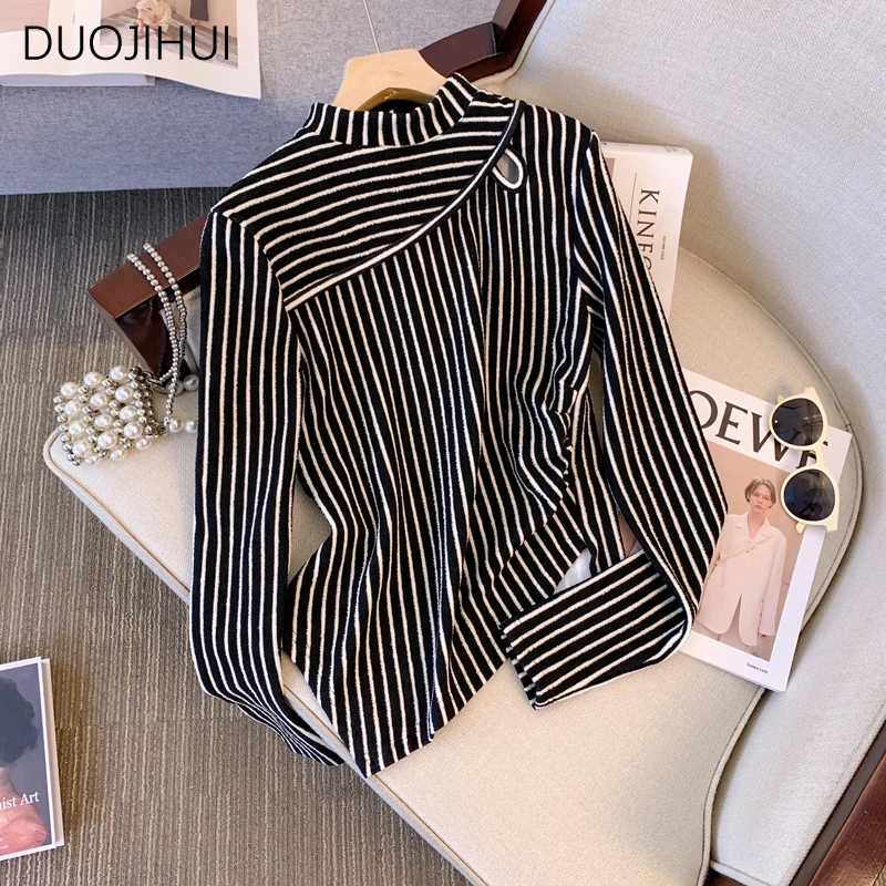 DUOJIHUI Autumn Classic Striped Slim Basic Women T-shirts New Chic Hollow Out Simple Casual Fashion Spell Color Female T-shirts