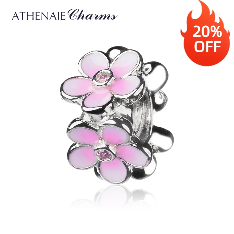 ATHENAIE Darling Daisies Pave Pink CZ Pale Cerise Enamel Spacer Charms Fit Original Bracelet Necklace 925 Sterling Silver Beads