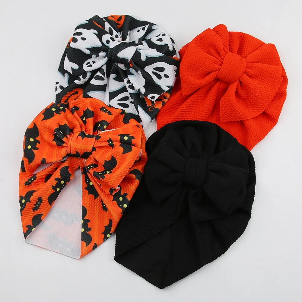 All Saints' Day Baby Beanie Bat Ghost Printed Orange Bonnet Indian Hat for Children Bowknot Bonnet Baby Hallowmas Turban Hats