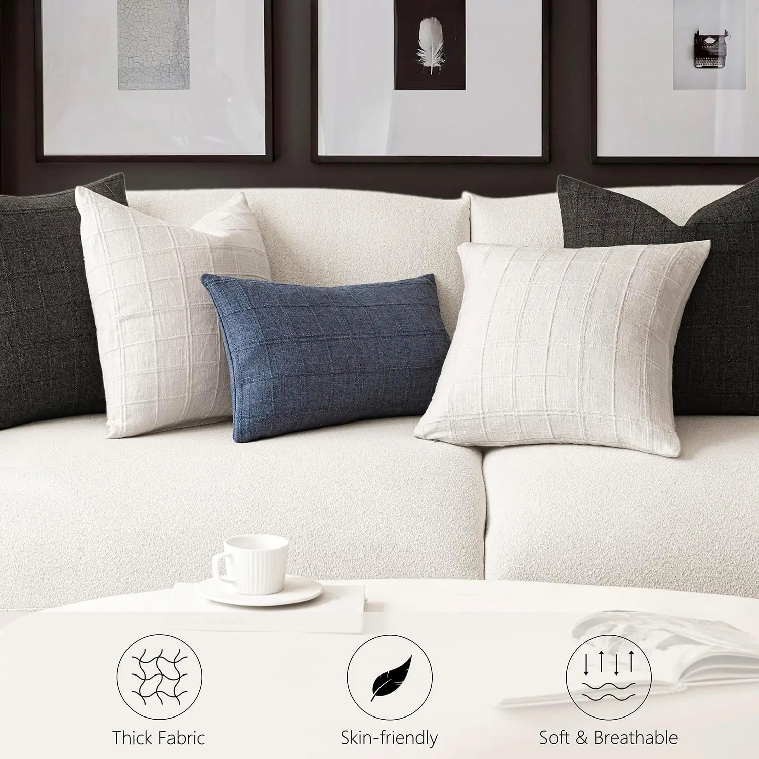 Vintage Farmhouse Check Pillow Cover Boho White Linen Neutral Cushion Case for Home Sofa Bedroom 45x45CM White