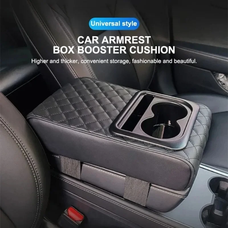 Car Armrest Box Cushion, Auto Center Console Armrest Cushion With 2 Cup Holder PU Leather Armrest Pad Portable Car Amrest Pillow
