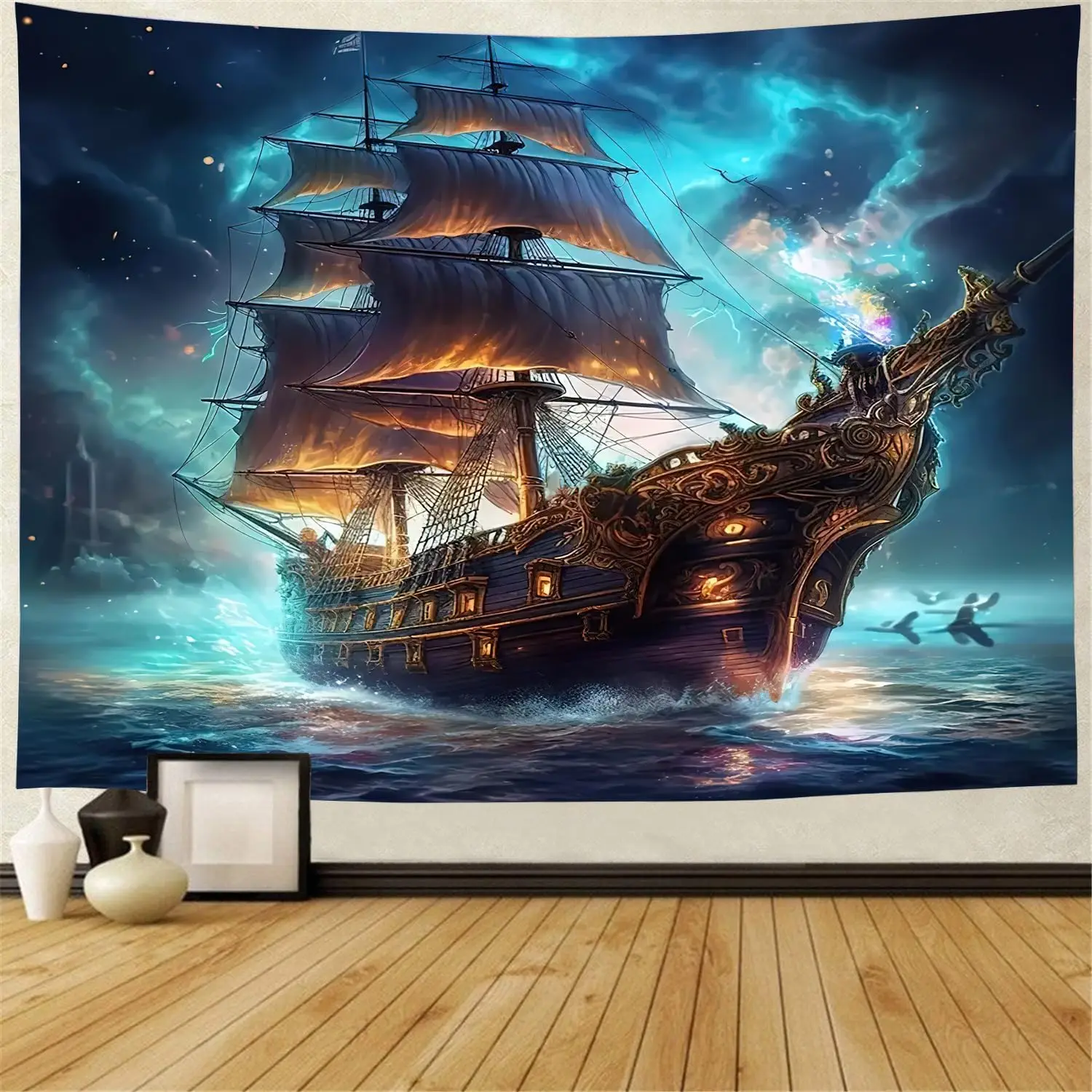 Ghost Sailboat Nautical Tapestry – Fantasy Pirate Ship Under Moonlit Waves for Bedroom, Living Room or Dorm Decor