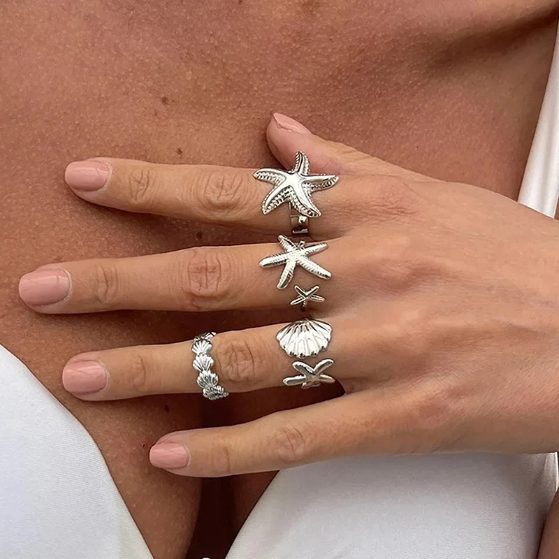 4Pcs/set Starfish Shell Hot Sale Open Rings for Women Men Gold Color Irregular Textured Adjustable Rings Set Jewelry Gifts image 4