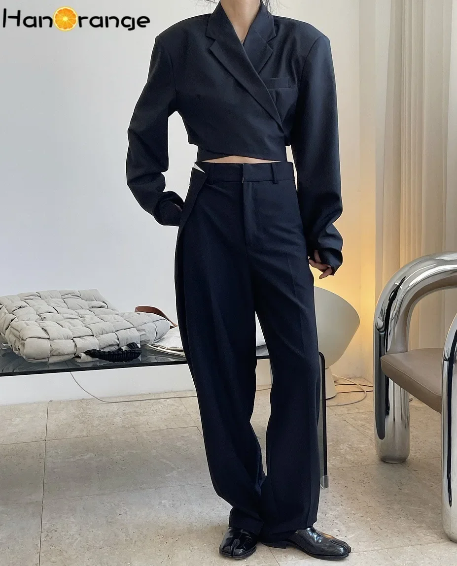 HanOrange Folded Waist Straight Pants Women Spring Autumn Designer Style Loose Female Trousers Black