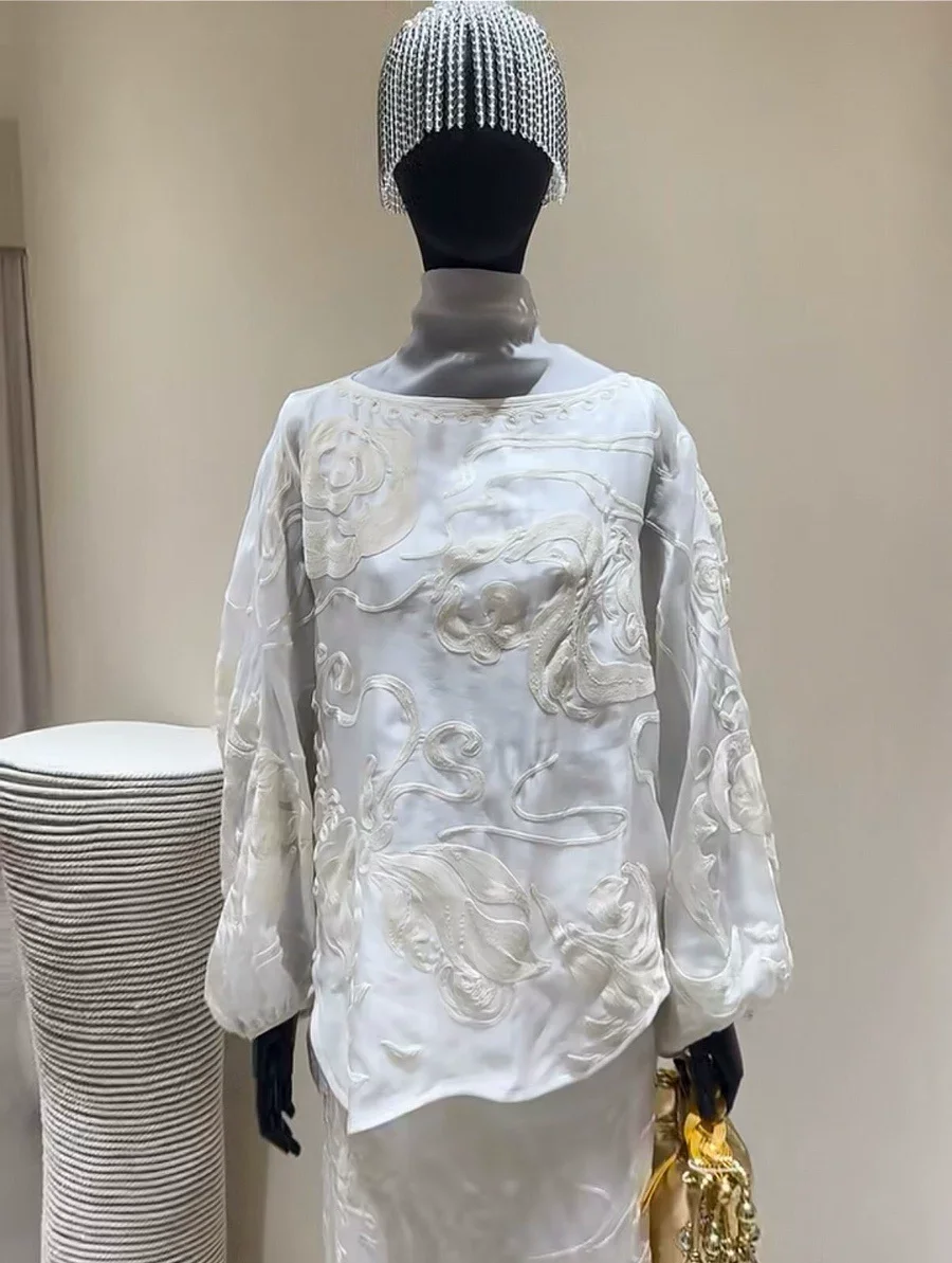 

High Quality Silk Shirt Fashion Women's White Loose Top Elegant Ladies Embroidered Blouse